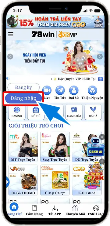 Bước 1: Ở mục trang chủ chọn "Đăng nhập"